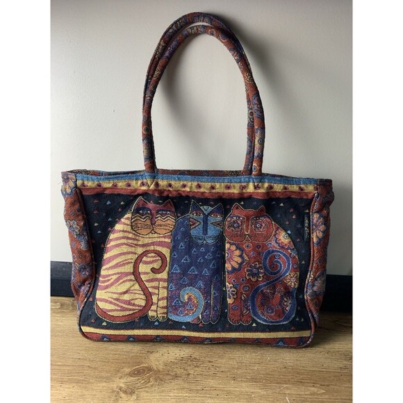 Vtg Laurel Burch Tapestry Cat Tote Bag Overnight Shoulder Large Weekender Travel - Picture 1 of 14